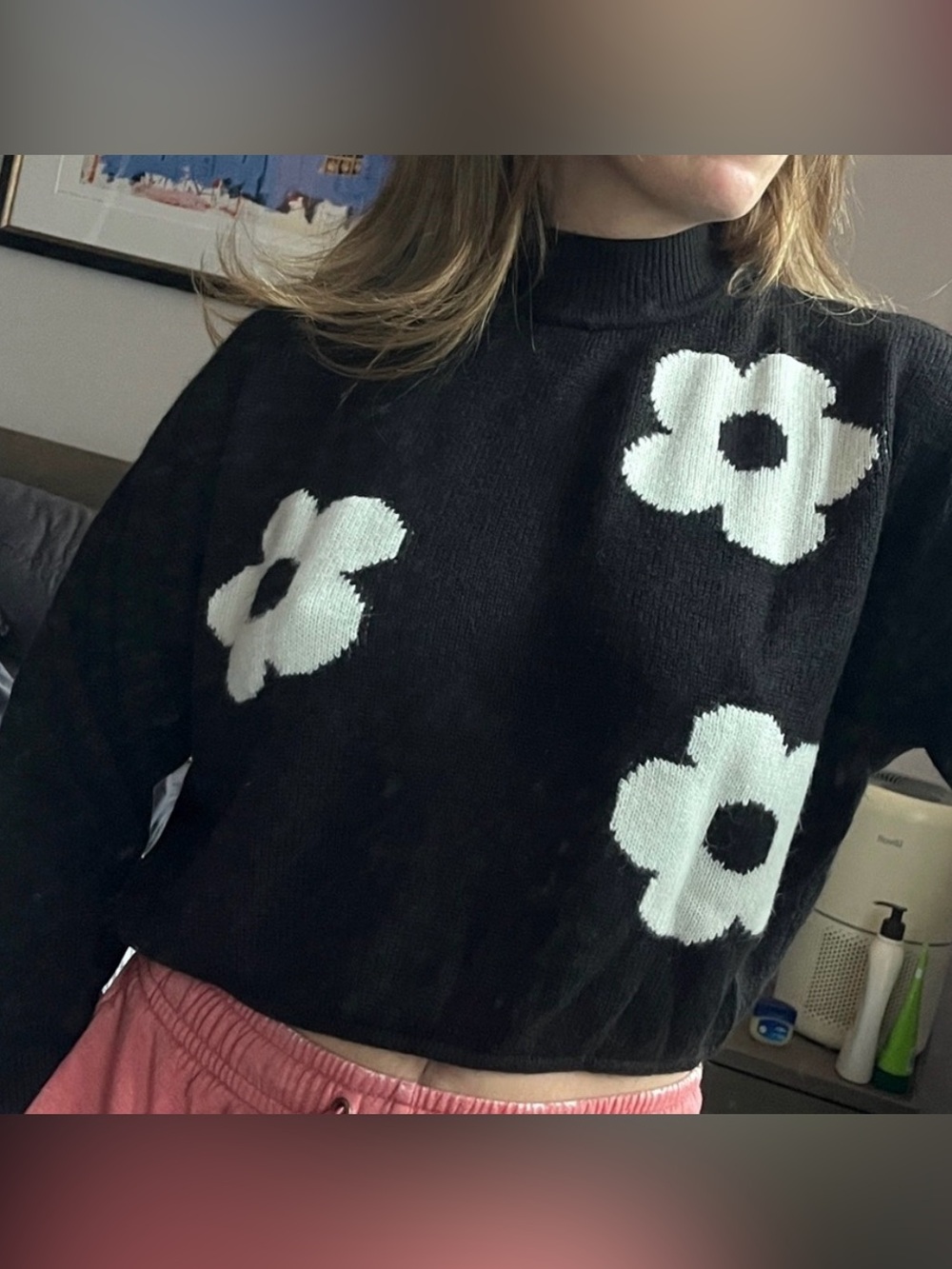 SHEIN Black Knit Cowl Sweater with White Floral Motif